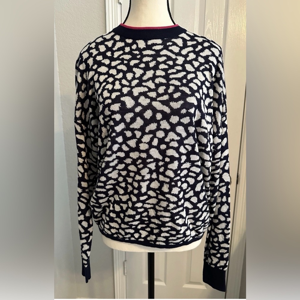 THML Navy and White Patterned Crew Neck Sweater w/ Hot Pink Trim